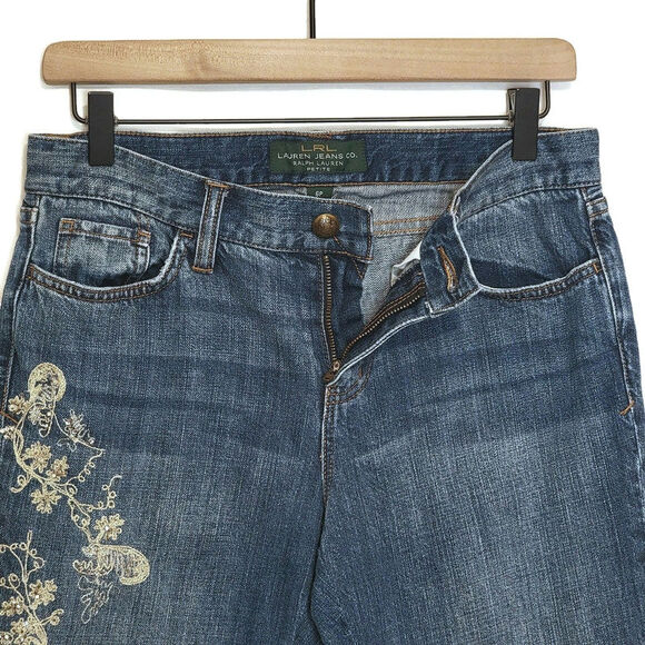 Ralph Lauren Embroidered Embellished Mid Rise Bootcut Blue Denim Jean Size 6P - Picture 4 of 13